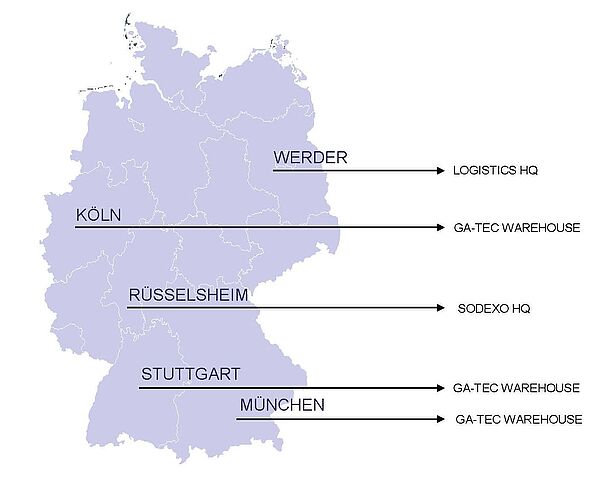 Karte der Sodexo Zentrallager und Verteilerlager.